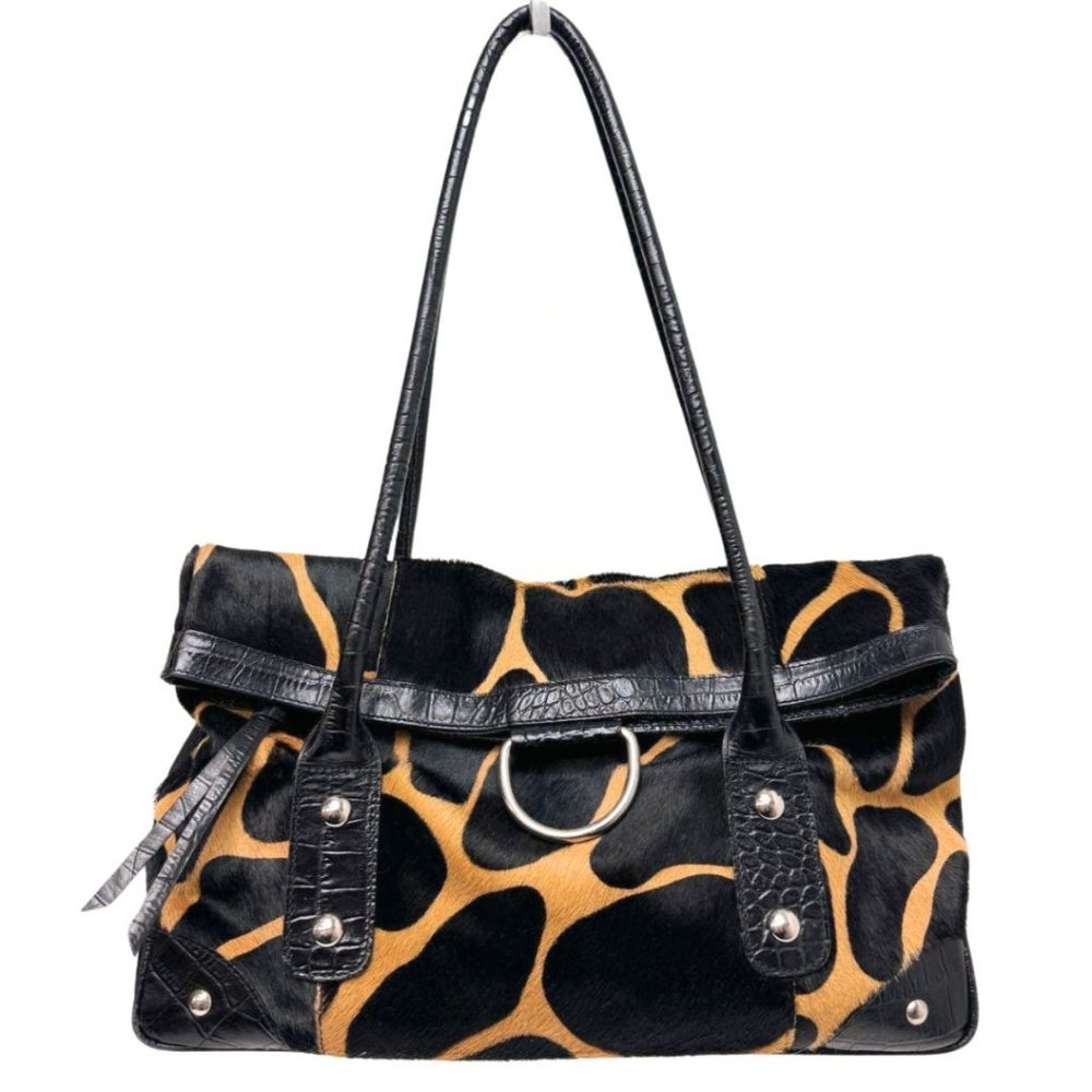 Maurizio Taiuti Giraffe Print Cow Hair Tote/ Purse Purse Black Tan